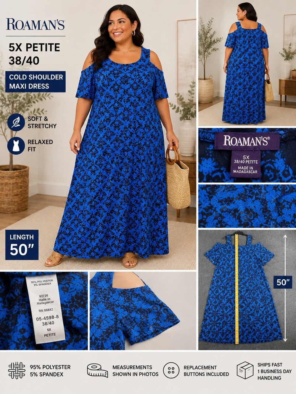Roaman's Women 5X Petite 38/40 Blue Cold Shoulder Maxi Dress Stretch Plus Size